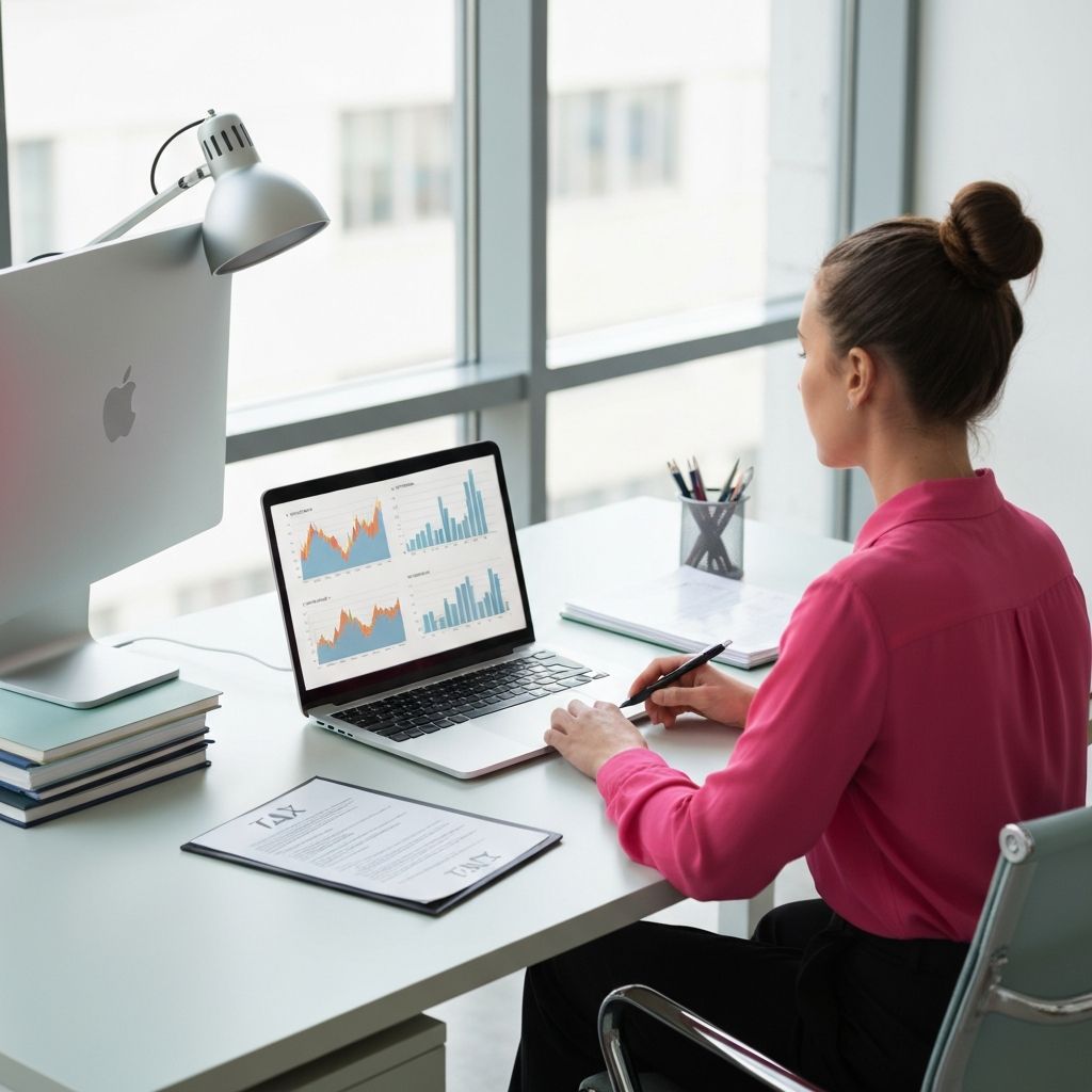 Professional accountant reviewing 2026 tax planning documents and strategies for small business owners on laptop with financial charts